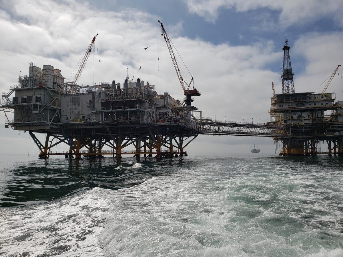 Offshore oil platforms in the Pacific Ocean near Huntington Beach.