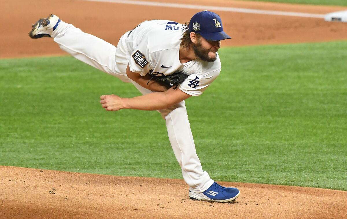 ARLINGTON, TEXAS OCTOBER 20, 2020-Dodgers pitcher Clayton Kershaw throws a pitch aginst the Rays.