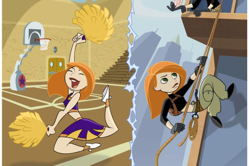 An animated character as a cheerleader and another image of her scaling a building