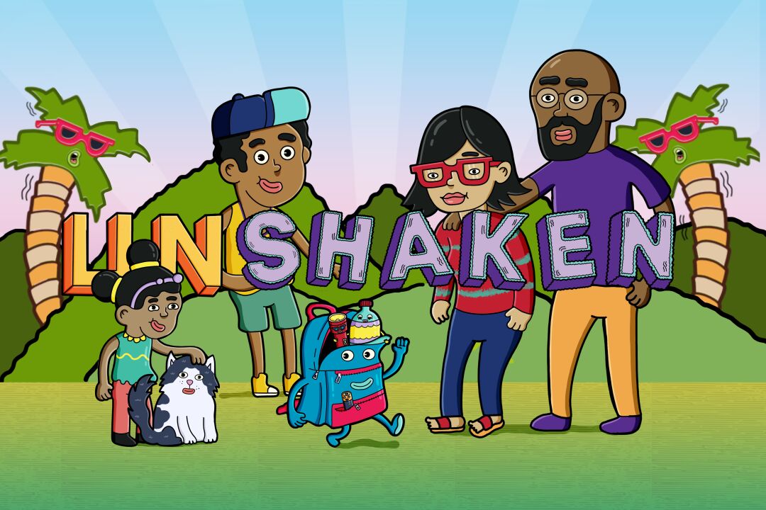 An illustration of a family of four, plus a cat, flanked by swaying palm trees and green hills, with the words "Unshaken"