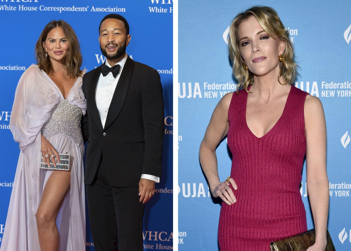 Separate pictures of Chrissy Teigen and John Legend, left, and Megyn Kelly, right, at White House Correspondents Dinner