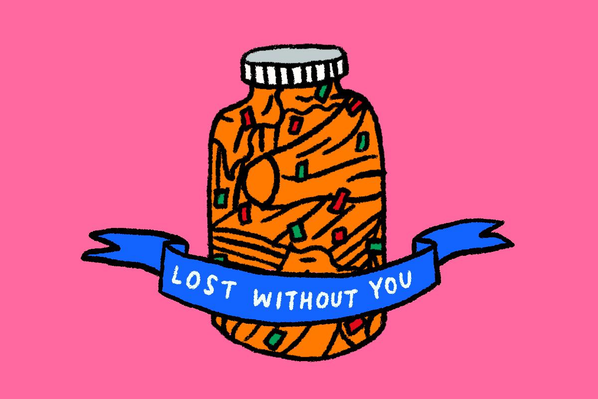 Illustration of a kimchi jar with a banner that reads "lost without you."