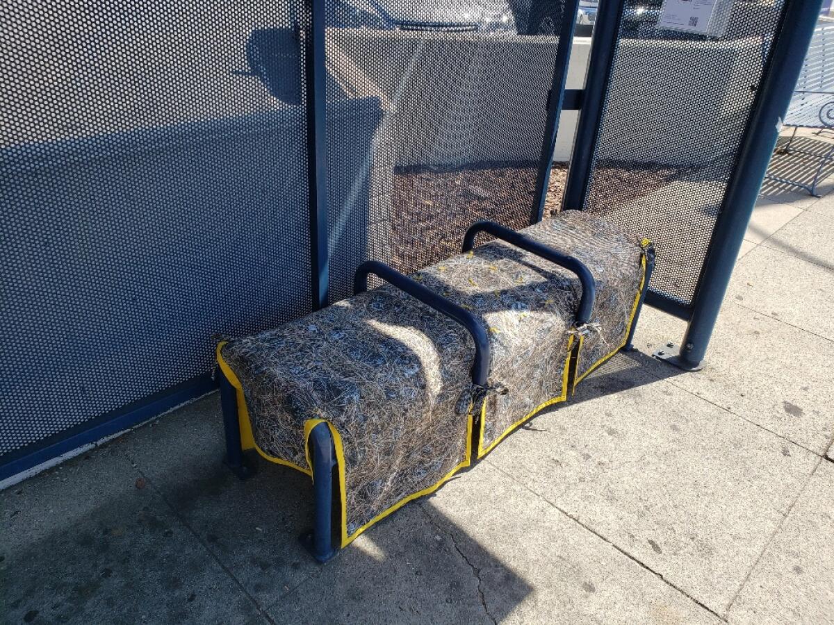 A bus bench slipcover by artist Kim Abeles disappeared within a day of being installed.