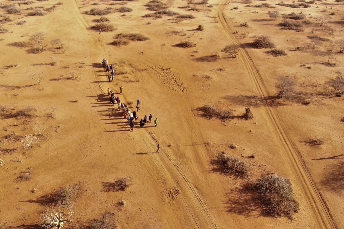 Aerial shot of people arriving at a camp for displaced people in Somalia