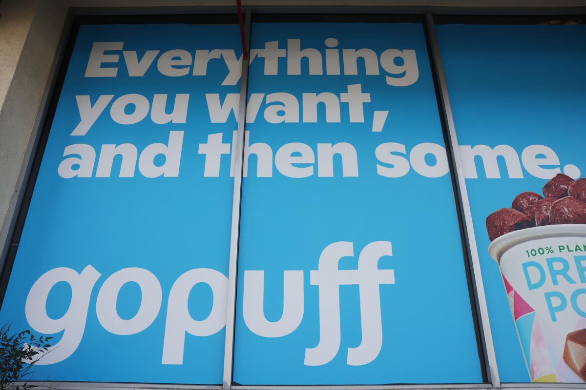 Gopuff signage is seen on the exterior of a BevMo in Pasadena.
