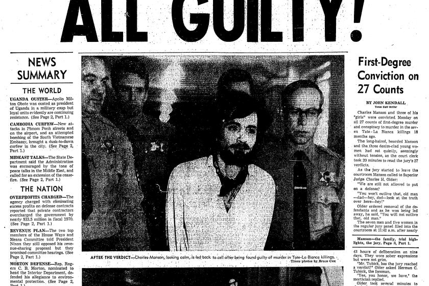 The front page of The Times on Jan. 27 1971, when Charles Manson and three of his "girls" were convicted on 27 counts of first-degree murder.