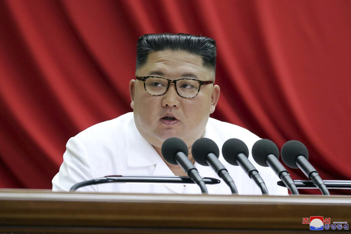 North Korean leader Kim Jong Un speaks during a Workers’ Party meeting Dec. 30 in Pyongyang.