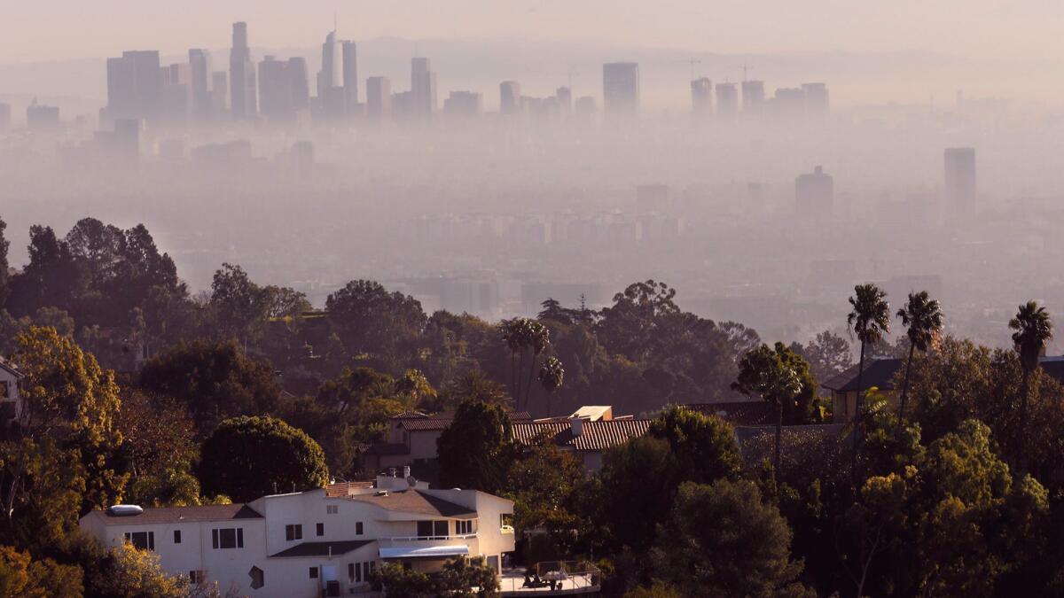 The downtown Los Angeles skyline peers through smoke from the Skirball fire as seen from Bel-Air, near the Getty Center.