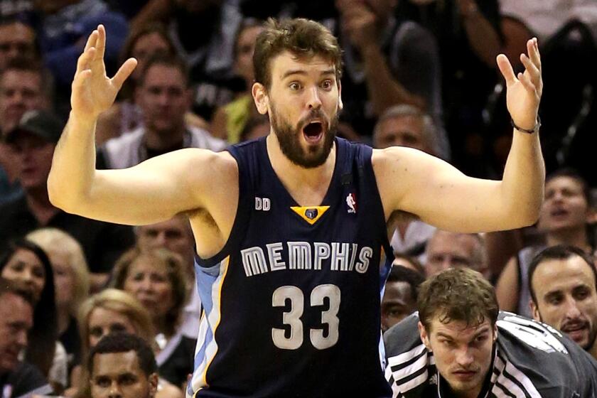 Memphis Grizzlies' Marc Gasol reacts to a call in the second half against the San Antonio Spurs during Game 2 of the Western Conference final.