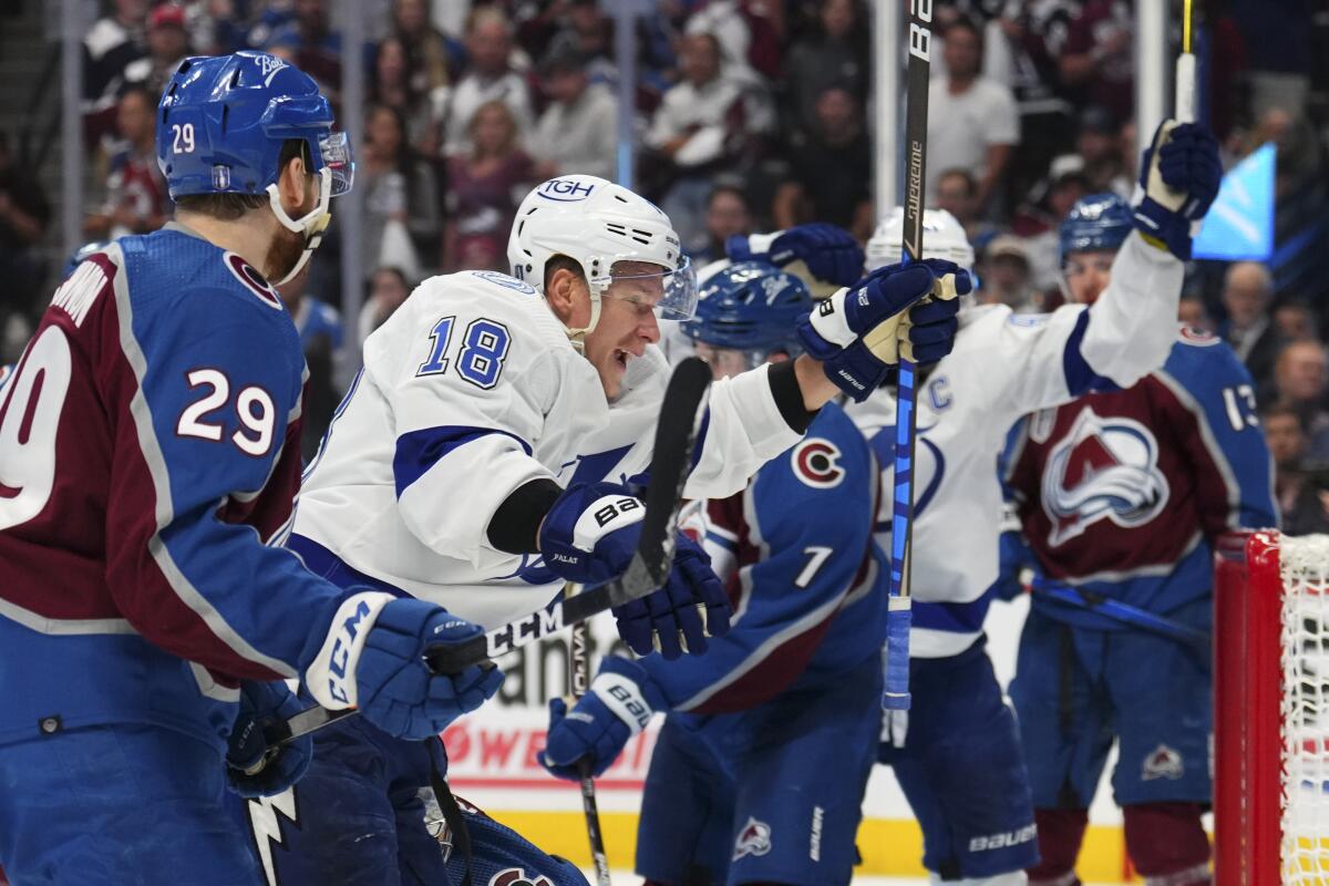 Tampa Bay Lightning forward Ondrej Palat celebrates after scoring in the third period against the Avalanche.