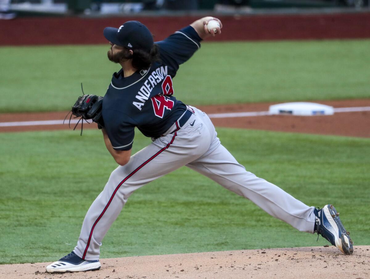 Atlanta Braves starting pitcher Ian Anderson delivers during Game 2 of the NLCS against the Dodgers.