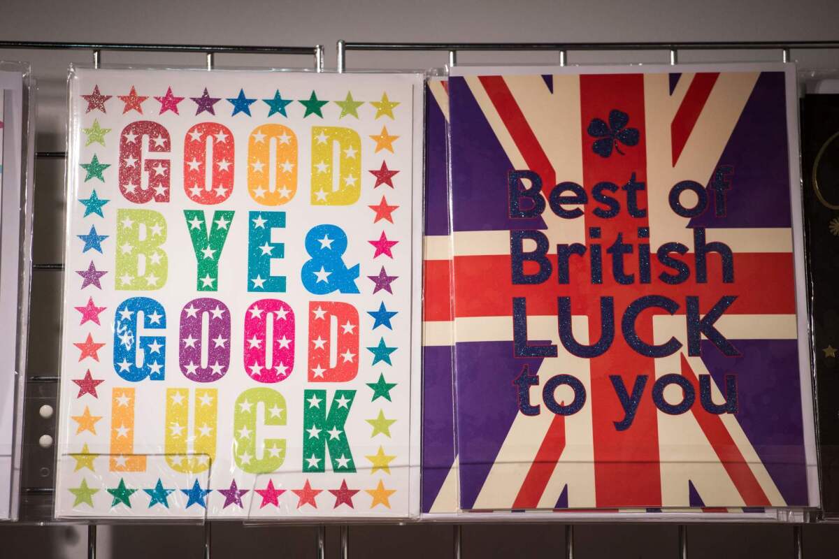 Greeting cards bearing good-luck messages are displayed for sale in a stationery shop in a London subway station after Britain formally launched the process of leaving the European Union.