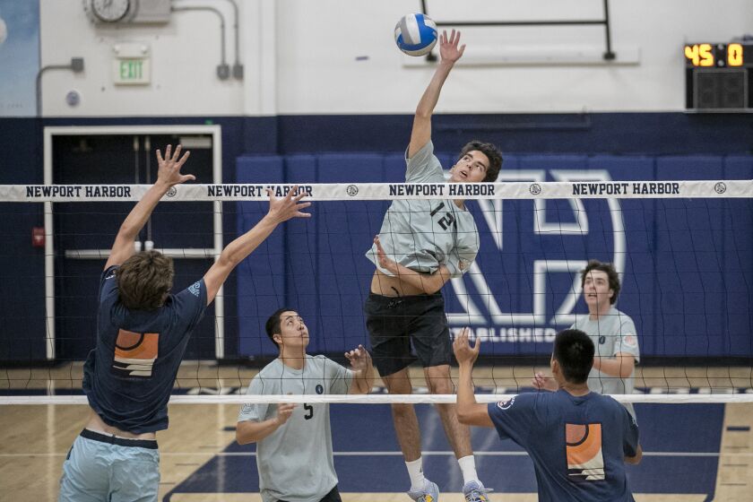 Newport Beach, CA- May 23: Newport Harbor's Lukas Johnson, hits during the Orange County All-Star boys' volleyball match on Tuesday, May 23, 2023 in Newport Beach, CA. (Scott Smeltzer / Daily Pilot)