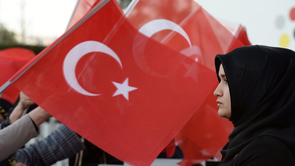 A police officer stands guard during a rally by supporters of Turkey's President Recep Tayyip Erdogan at the Presidential Palace on April 17, 2017 in Ankara, Turkey. (Elif Sogut / Getty Images)