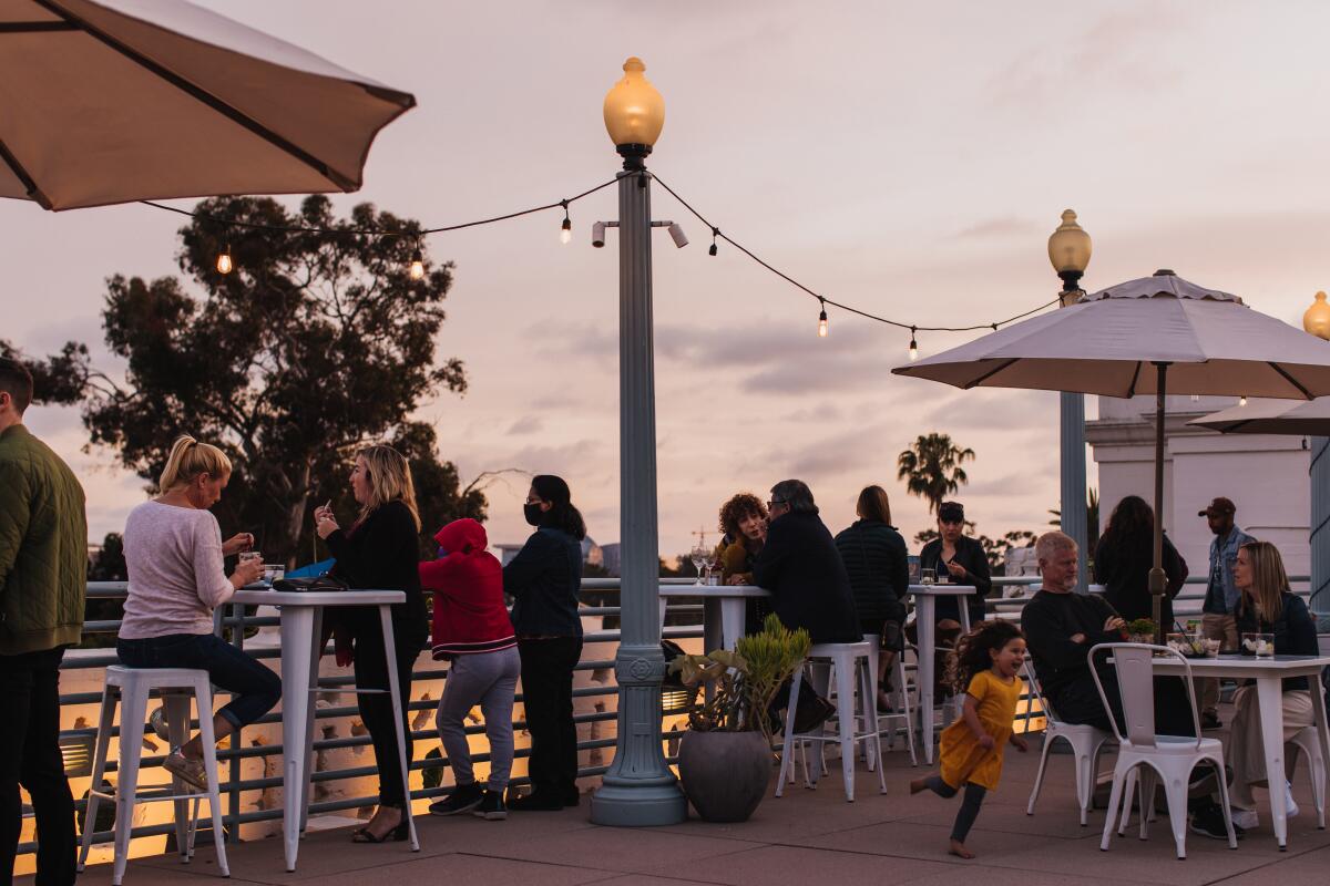 Visitors to the San Diego Natural History Museum's "Nat at Night" enjoy the view from the museum's rooftop patio.