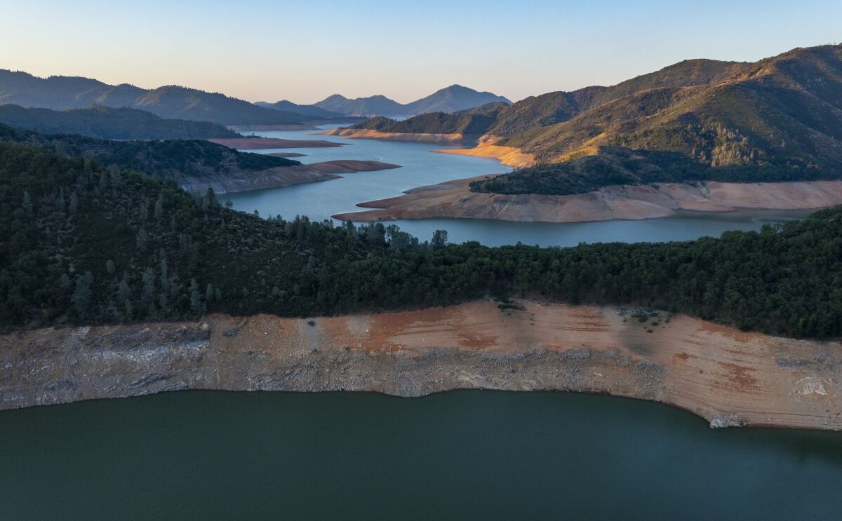Lake Shasta with low water levels exposing rocky shoreline