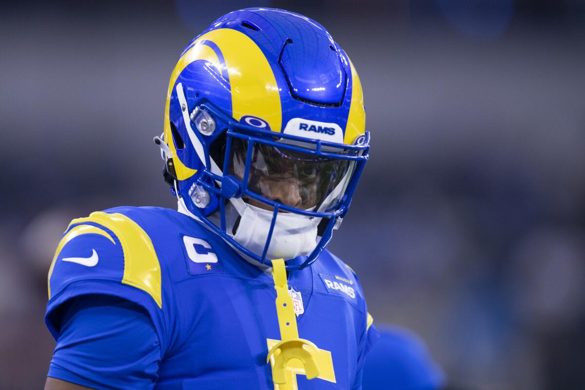 Rams cornerback Jalen Ramsey warms up before a playoff win over the Arizona Cardinals on Jan. 17.