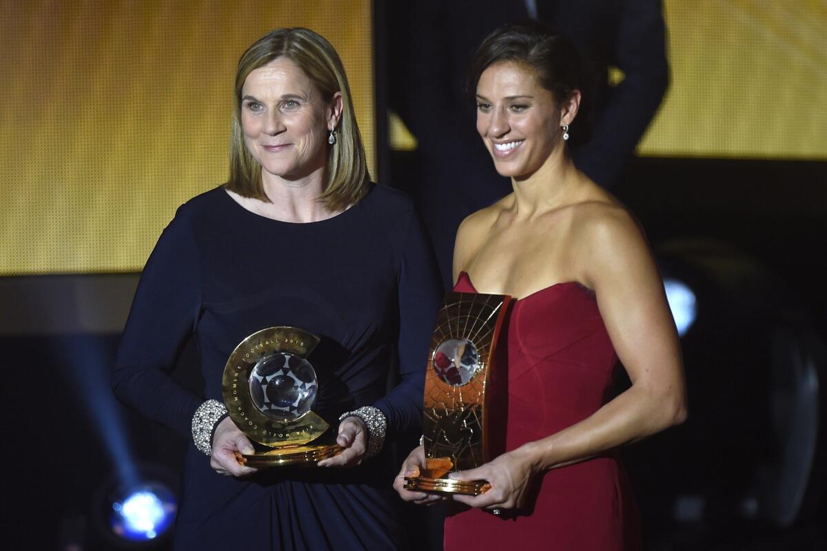 Jill Ellis, left, and Carli Lloyd at the 2015 FIFA Ballon d'Or ceremony in Zurich, Switzerland. U.S. national team star Lloyd won women's player of the year, and Ellis was named the women's coach of the year.