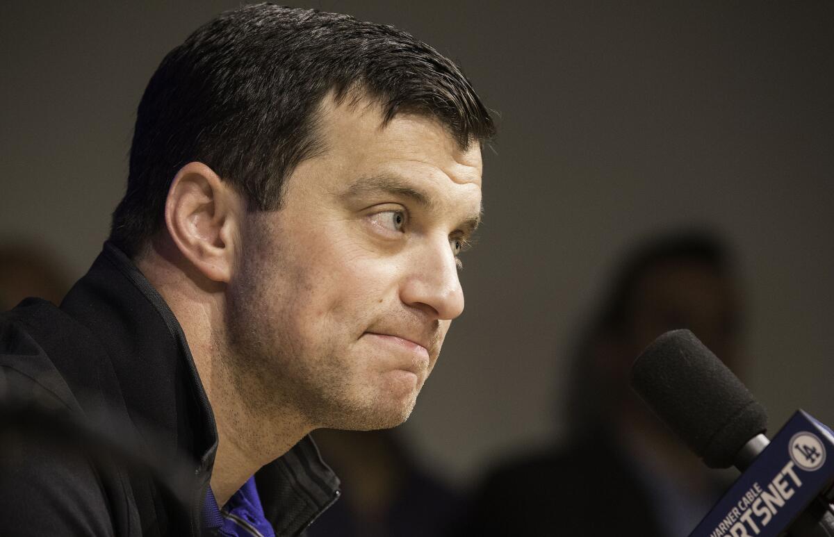 Andrew Friedman participates in a news conference at Dodger Stadium on Oct. 22, 2015.