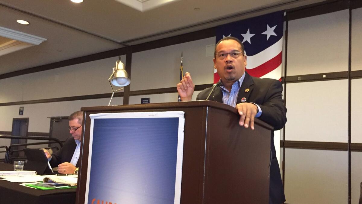 Rep. Keith Ellison of Minnesota, who is campaigning to be the next Democratic National Committee chair, tells California party leaders in San Diego on Saturday that Donald Trump was elected president because of poor Democratic turnout.