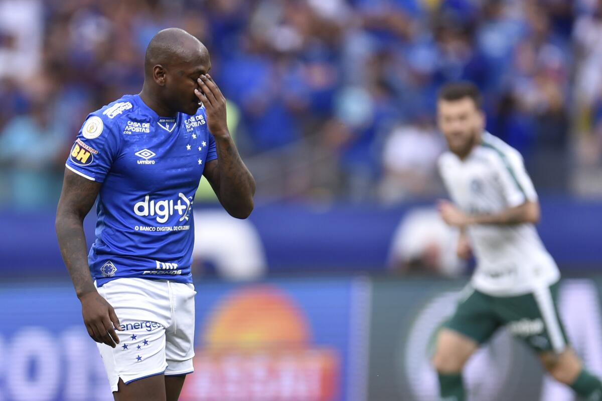 Brazil's Cruzeiro player Sassa reacts during the Brazilian Championship football match against Palmeiras, in Belo Horizonte, Brazil, on December 8, 2019. - Cruzeiro, one of the great clubs in Brazil, reached the last day of the Brasileirao in the relegation zone and does not depend on itself to remain in the elite of Brazilian football. (Photo by DOUGLAS MAGNO / AFP) (Photo by DOUGLAS MAGNO/AFP via Getty Images) ** OUTS - ELSENT, FPG, CM - OUTS * NM, PH, VA if sourced by CT, LA or MoD **
