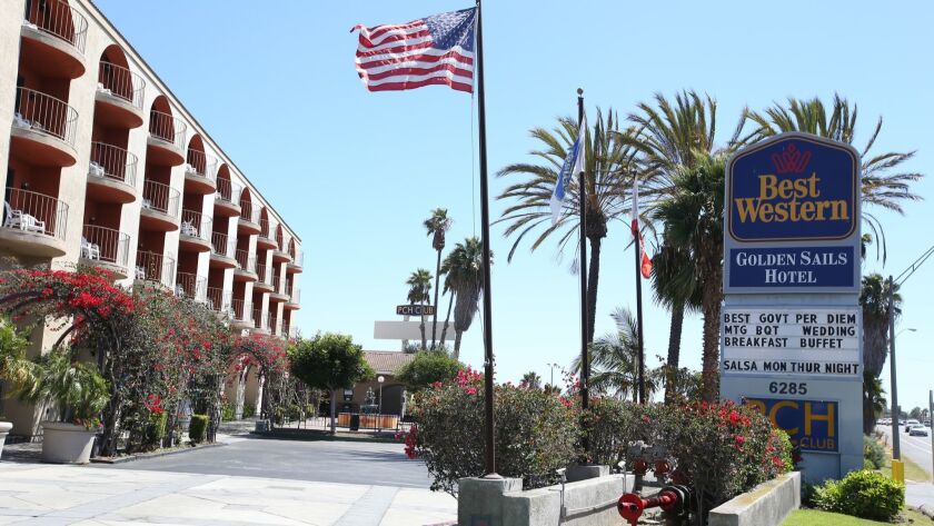 The Best Western Golden Sails Hotel in Long Beach is shown in 2016. Union workers have collected enough signatures to place on the ballot a measure requiring larger hotels to give workers a "panic button" to help prevent sexual assaults.