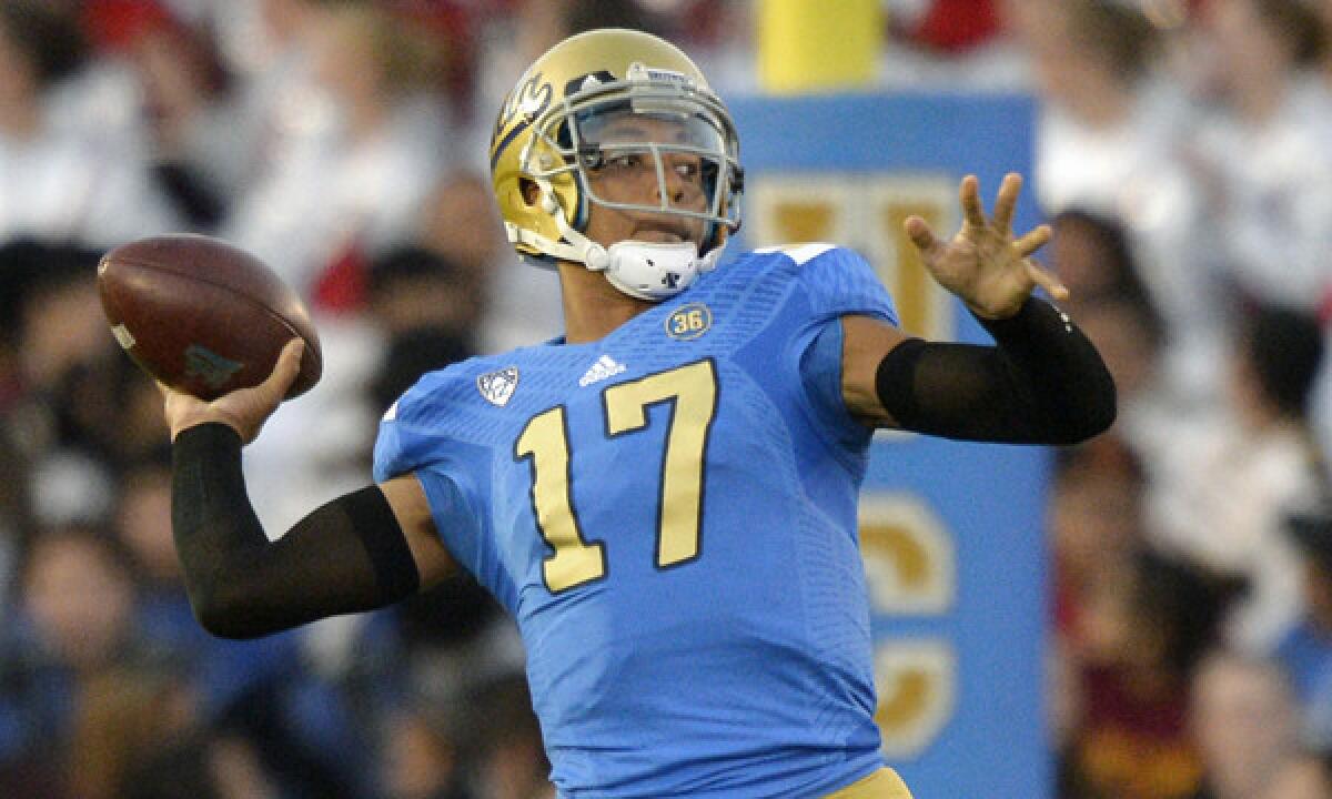 UCLA quarterback Brett Hundley passes during a win over Arizona State in November.With Hundley back under center for the Bruins in 2014, expectation are high as UCLA heads into spring practice.
