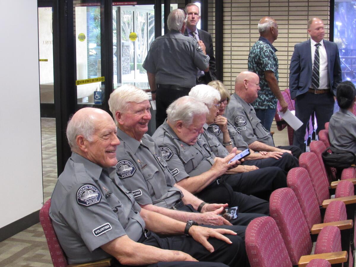 Fountain Valley police volunteers were among those in attendance for Police Chief Matthew Sheppard's retirement announcement.