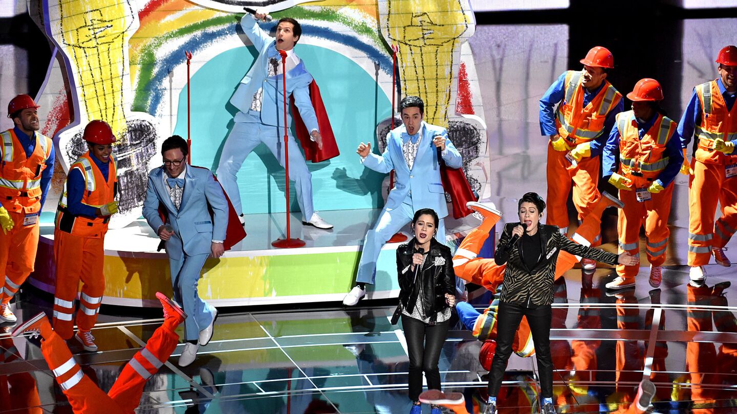Akiva Schaffer, Andy Samberg and Jorma Taccone of the Lonely Island perform.