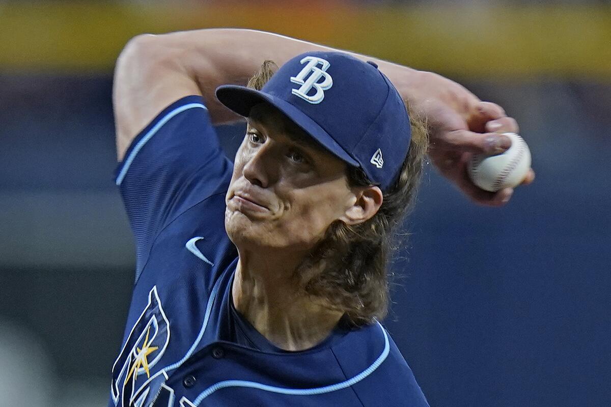 Tampa Bay Rays' Tyler Glasnow pitches to the Washington Nationals during the first inning of a baseball game Tuesday, June 8, 2021, in St. Petersburg, Fla. (AP Photo/Chris O'Meara)