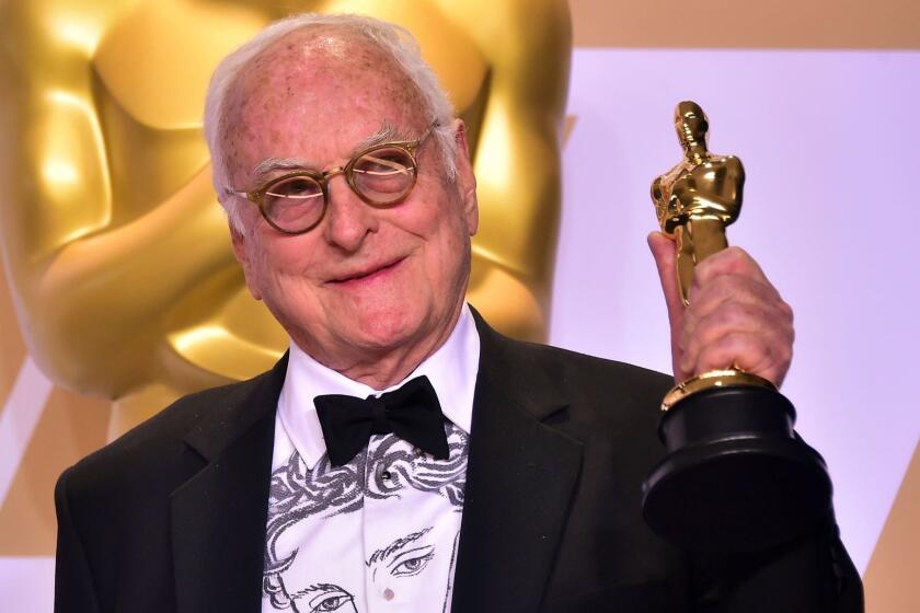 TOPSHOT - Writer James Ivory poses in the press room with the Oscar for Best Adapted Screenplay for "Call Me by Your Name," during the 90th Annual Academy Awards on March 4, 2018, in Hollywood, California. / AFP PHOTO / FREDERIC J. BROWNFREDERIC J. BROWN/AFP/Getty Images ** OUTS - ELSENT, FPG, CM - OUTS * NM, PH, VA if sourced by CT, LA or MoD **