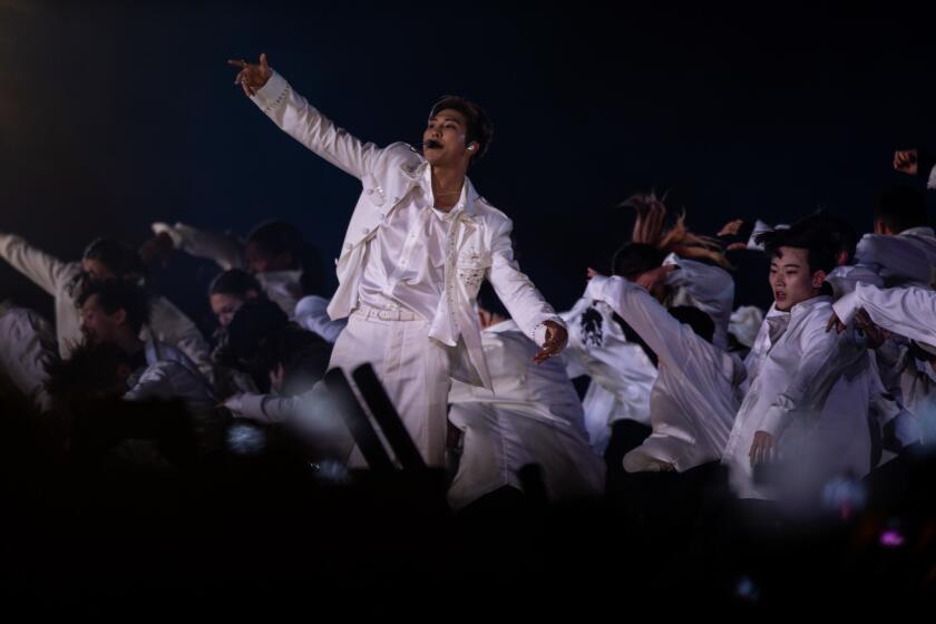 PASADENA, CALIF. - MAY 04: Seven member South Korean K-pop boy band BTS performs on stage at The Rose Bowl on Saturday, May 4, 2019 in Pasadena, Calif. (Kent Nishimura / Los Angeles Times) NOTE: NO SOCIAL MEDIA USE For Info on this, contact Hal Wells.