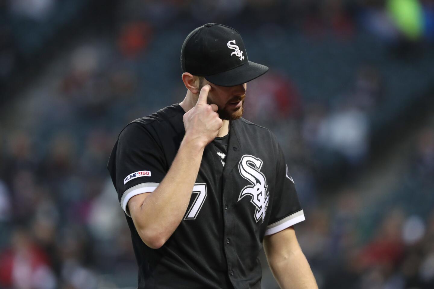 White Sox pitcher Lucas Giolito heads to the dugout after throwing in the first inning against the Red Sox on May 2, 2019, at Guaranteed Rate Field.