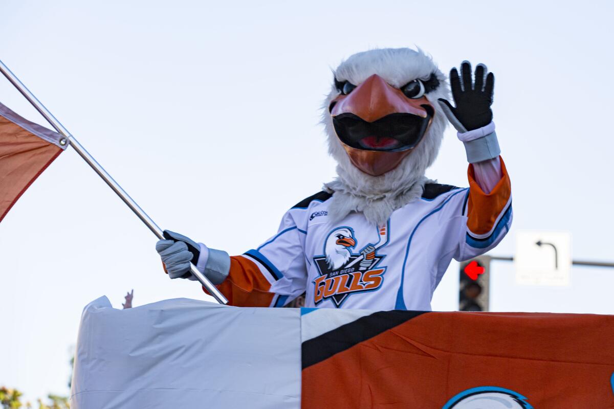 Gulliver, the mascot of the San Diego Gulls hockey team attends 73rd Annual Mother Goose Parade.