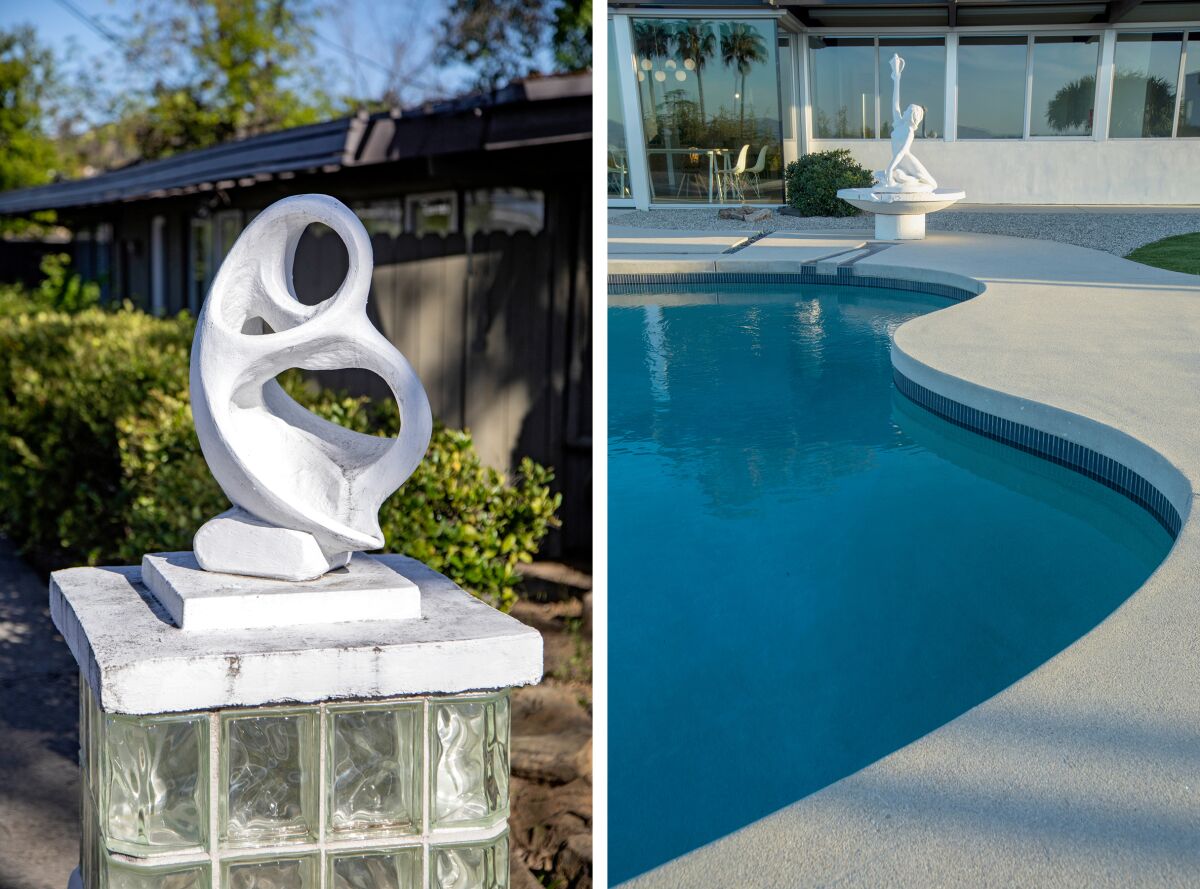 A sculpture in the front entrance, left, and a detail of the swimming pool in the backyard, right. 