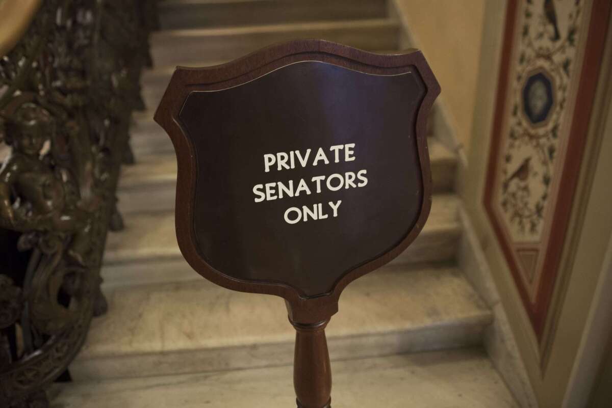 A sign for a private area for 'Senators only' is seen inside the Capitol in Washington, D.C.