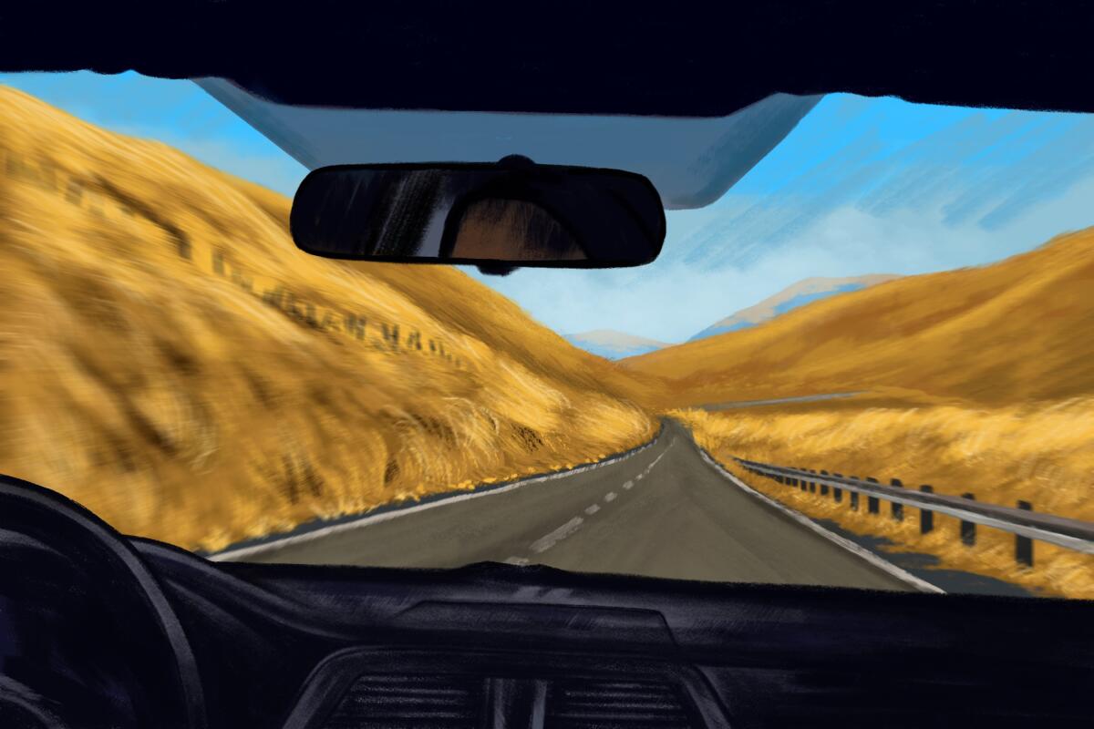 Illustration of the view from inside a car of golden hills, blue skies and a road through the windshield.