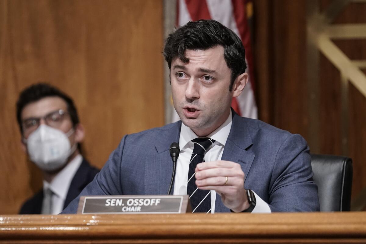 Sen. Jon Ossoff speaking during a hearing. 