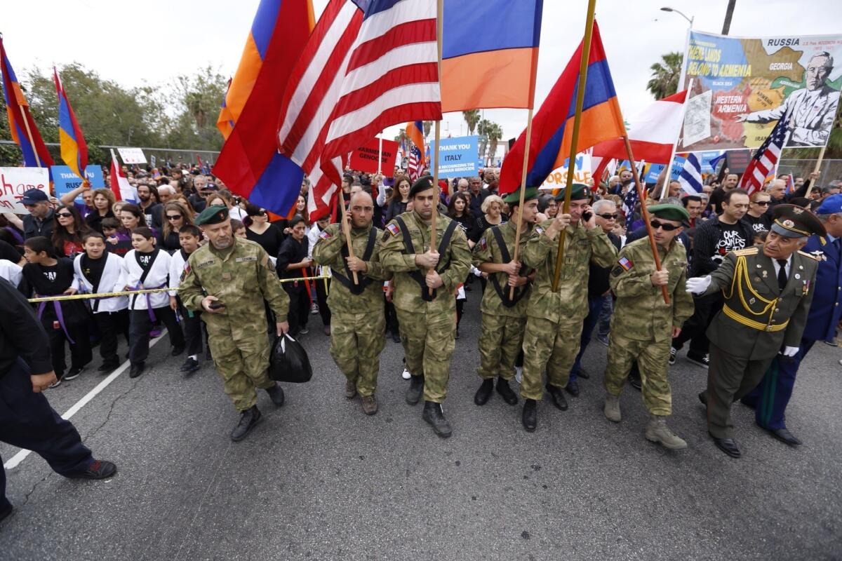American Armenian Legion members lead the march west on Sunset Blvd. at the beginning of a six mile march marking 100th anniversary of Armenian Genocide.