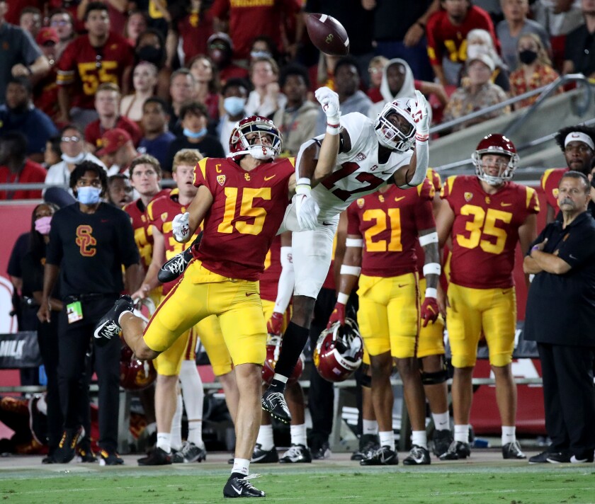 USC wide receiver Drake London can't come up with a catch as Stanford cornerback Kyu Blu Kelly defends.