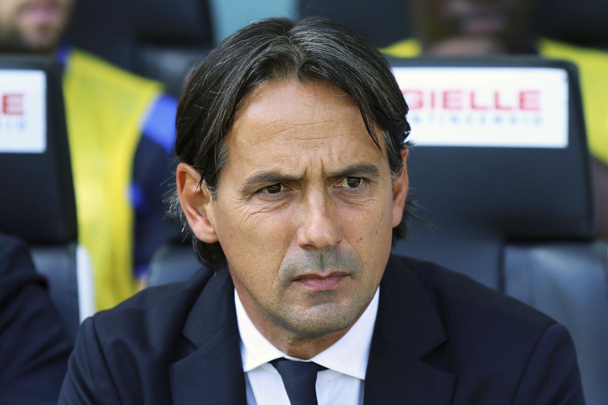 Inter Milan's coach Simone Inzaghi looks on ahead of the Serie A soccer match between Udinese and Inter, at the Friuli stadium in Udine, Italy, Sunday, Sept. 18, 2022. (Andrea Bressanutti/LaPresse via AP)
