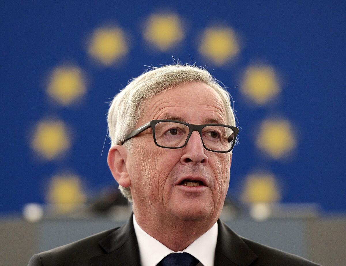European Commission President Jean-Claude Juncker speaks about the refugee crisis Wednesday to the European Parliament in Strasbourg, eastern France.