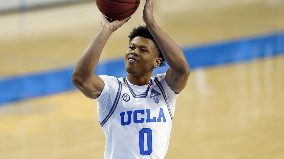 UCLA guard Jaylen Clark (0) takes a shot during the second half of an NCAA college basketball game.