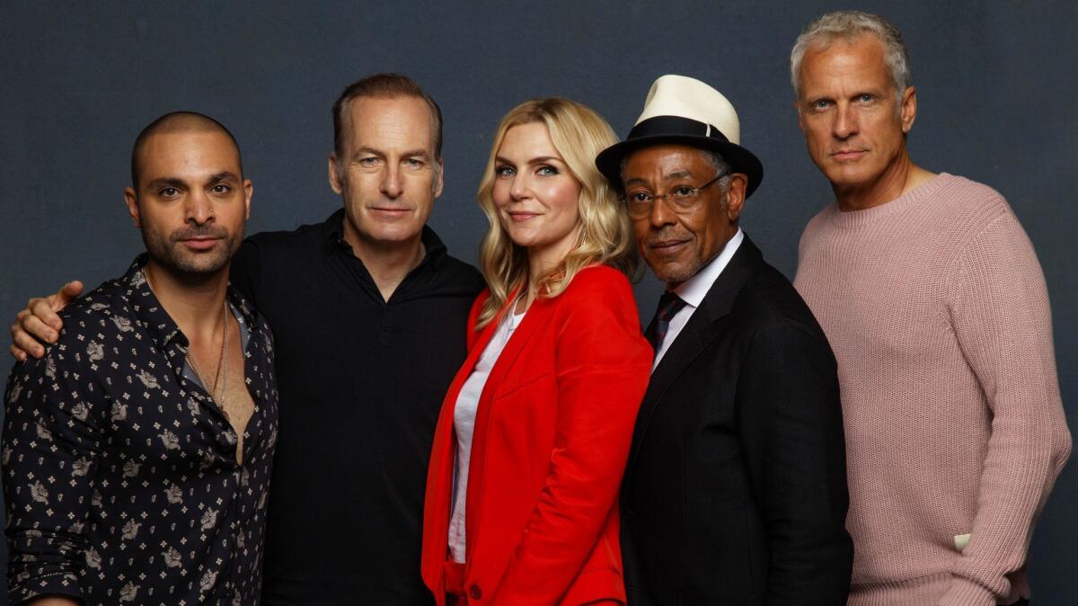 Michael Mando, from left, Bob Odenkirk, Rhea Seehorn, Giancarlo Esposito and Patrick Fabian from the television series "Better Call Saul."