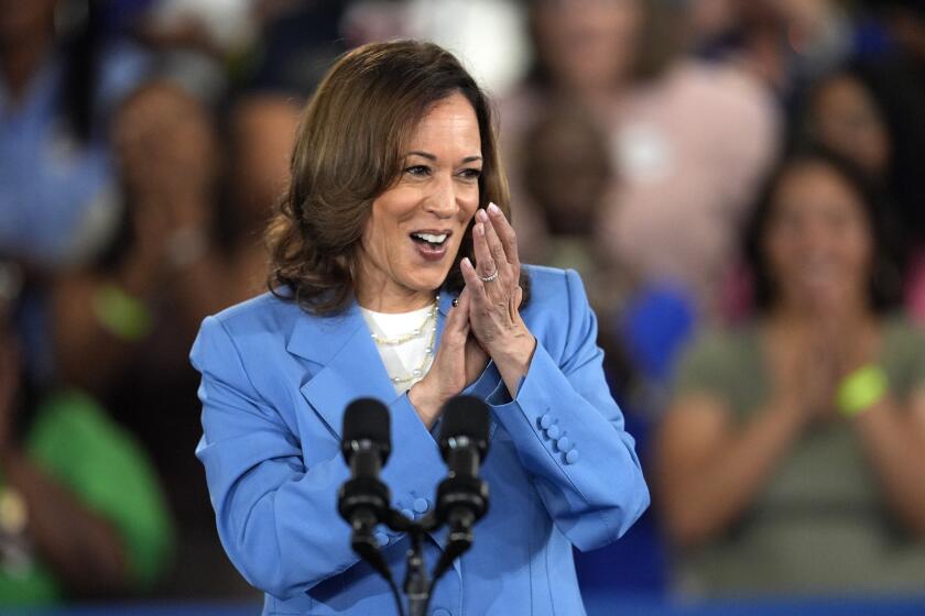 Democratic presidential nominee Vice President Kamala Harris speaks at a campaign event at Hendrick Center for Automotive Excellence on the Scott Northern Wake Campus of Wake Tech Community College in Raleigh, N.C., Friday, Aug. 16, 2024. (AP Photo/Mike Stewart)