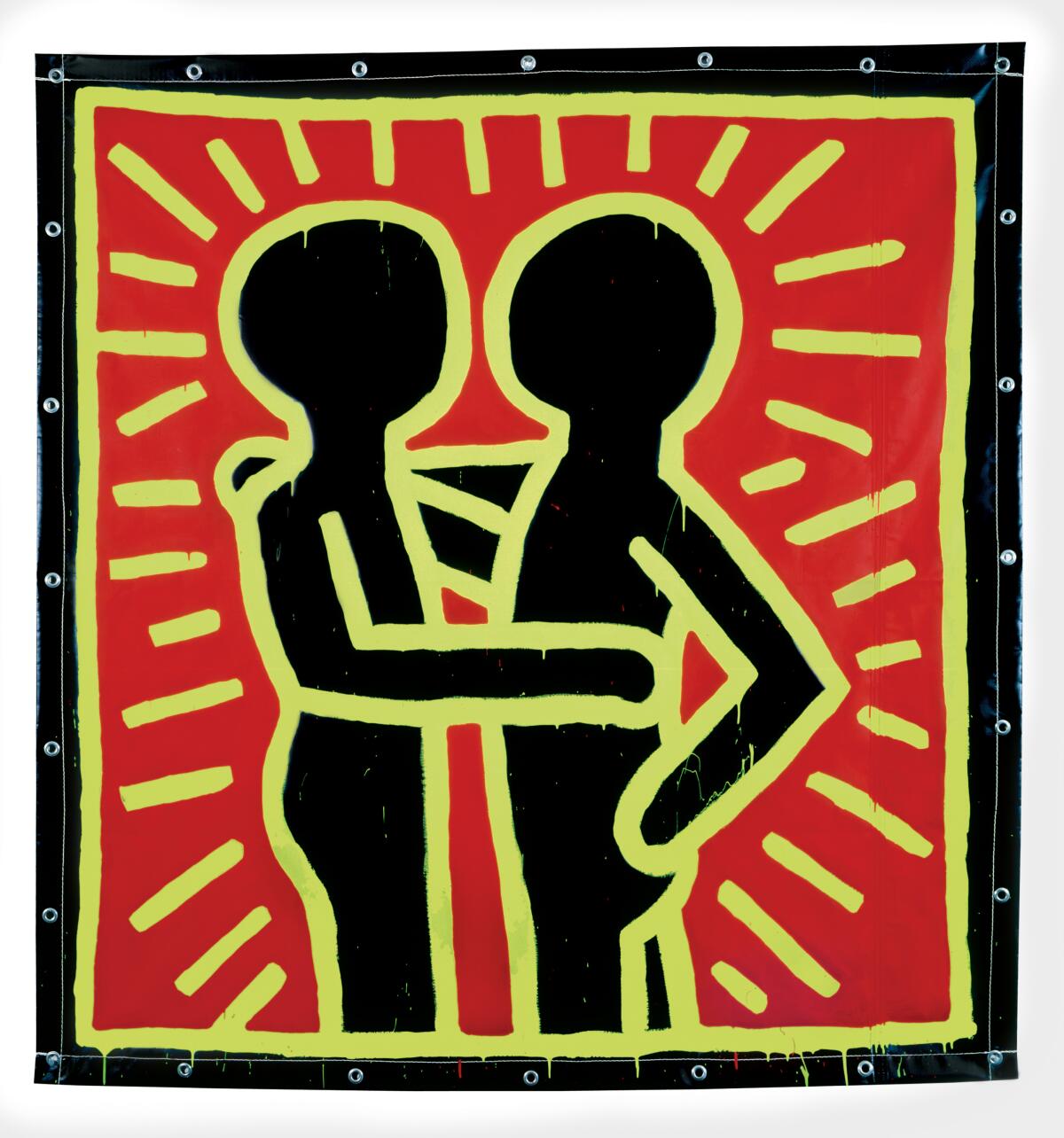 A Keith Haring painting of two blank-featured humanoid figures embracing