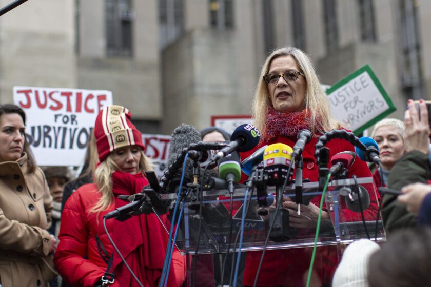 NEW YORK, NY - JANUARY 06: Actress Louise Godbold, who has accused Harvey Weinstein of sexual misconduct, speaks to the media outside the court on January 6, 2020 in New York City. Weinstein, a movie producer whose alleged sexual misconduct helped spark the #MeToo movement, pleaded not-guilty on five counts of rape and sexual assault against two unnamed women and faces a possible life sentence in prison. (Photo by Kena Betancur/Getty Images) ** OUTS - ELSENT, FPG, CM - OUTS * NM, PH, VA if sourced by CT, LA or MoD **