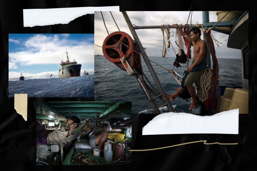 a collage of photos: a ship at sea, a Cambodian worker on a fishing ship and two men in sleeping quarters below deck
