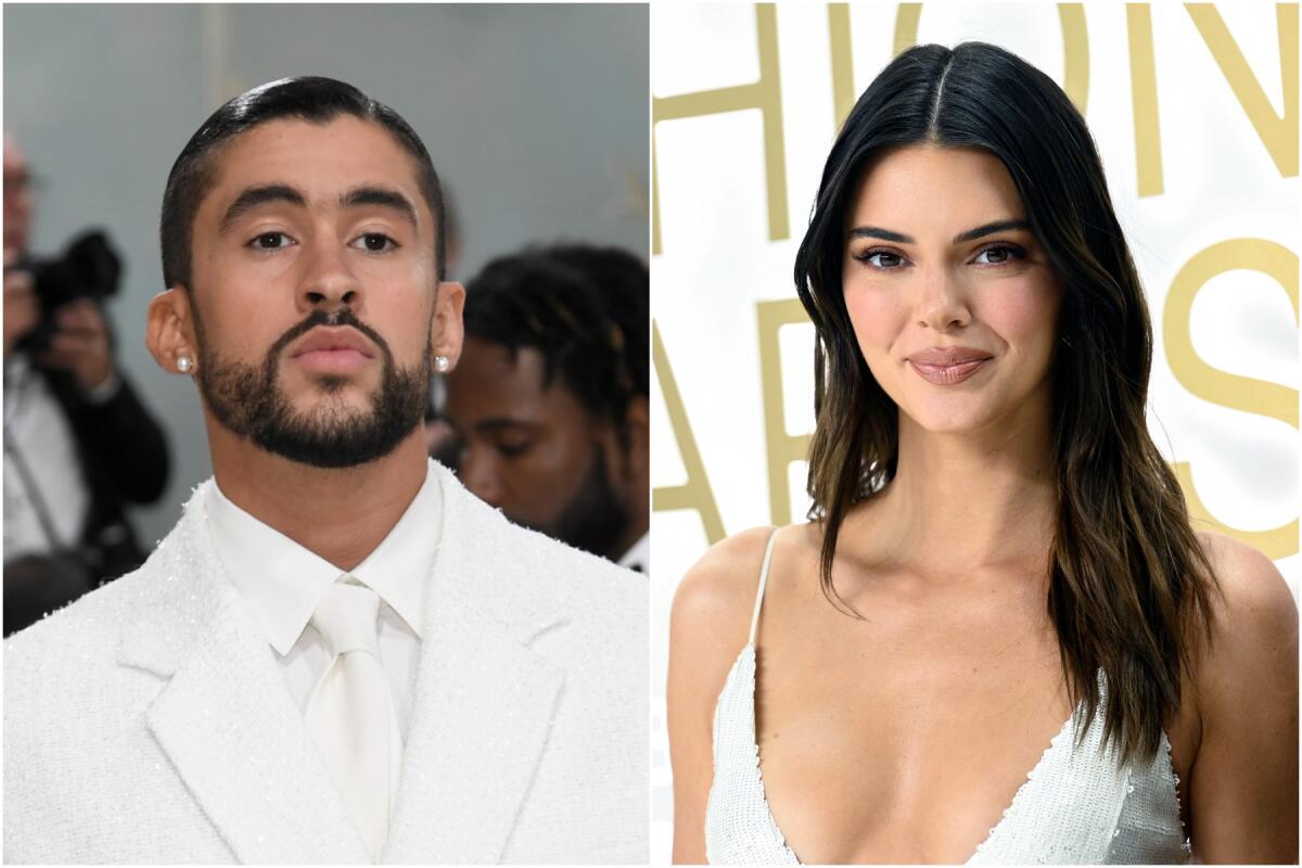 A split photo of Bad Bunny in a white suit and Kendall Jenner in a white dress