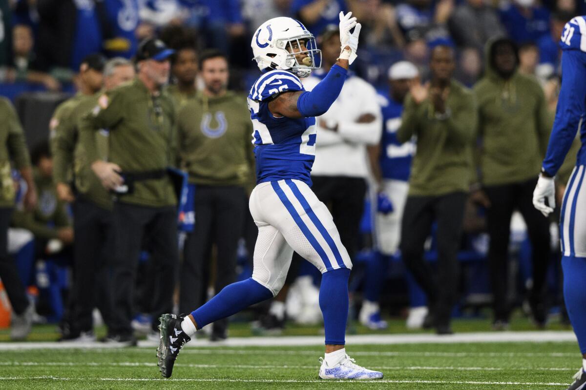 Indianapolis Colts safety Rodney McLeod Jr. celebrates a defensive stop against the Philadelphia Eagles.